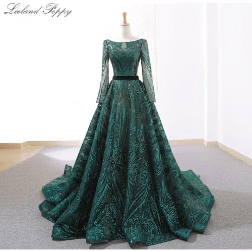 Lceland Poppy Luxury A-line Sequins Evening Dresses Scoop Neck Long Sleeves Floor Length robe de soiree Formal Evening Gowns