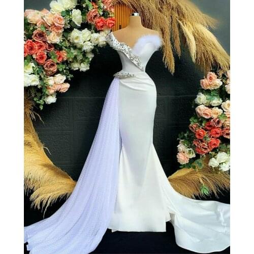White Arabic Crystal Evening Dresses With Long Train Mermaid Prom Dress Custom Size Robe De Soiree