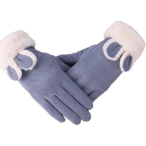 Winter Female Warm Suede Leather Sport Cycling Mittens Women Rabbit Ears Thick Plush Cashmere Touch Screen Driving Gloves I10