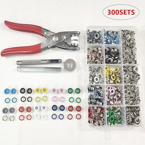 100sets 9.5mm 10colors Metal Prong Press Studs Snap Buttons for Clothing+Clip Pliers+200pc Eyelets with Grommets+Fixing Tool+Box