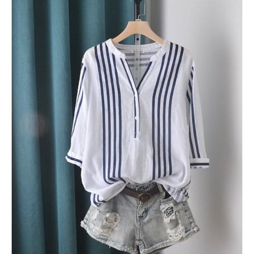 Irregular v-neck stripe sleeve cotton shirt