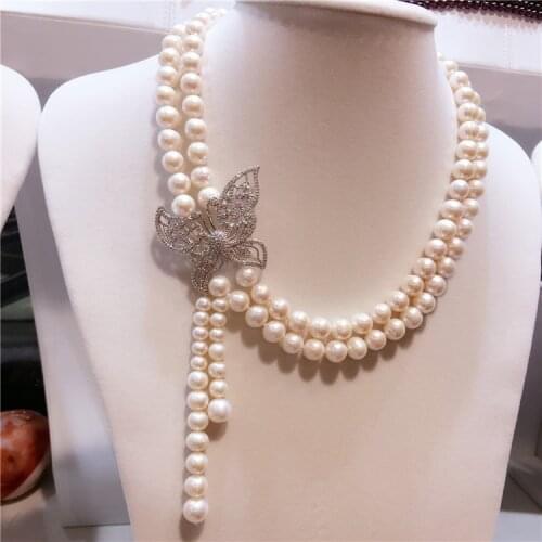 Hand knotted 9-10 mm white natural freshwater pearl bow micro inlay zircon clasp tassel necklace fashion jewelry