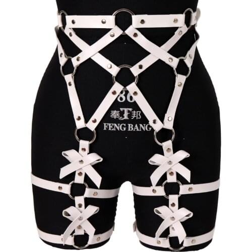 White Bow Garter Belt Leather Leg Ring Metal Punk Cage Suspender Waist Adjustable Strap Stockings Thigh Lingerie Body Harness