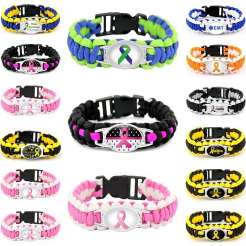 Blue Green Ribbon Bracelets Cancer Awareness Survival Paracord Charm Bracelets 25*18mm Glass Cabochon Men Women Unisex Jewelry