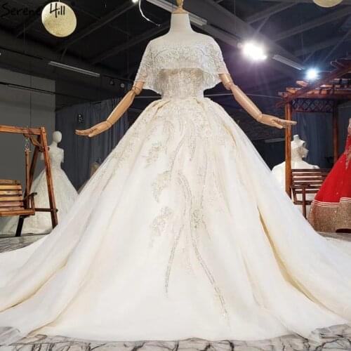 Dubai Champagne Luxury O-Neck Sexy Wedding Dresses 2021 High-end Beading Sparkle Bridal Gowns HX0292 Custom Made