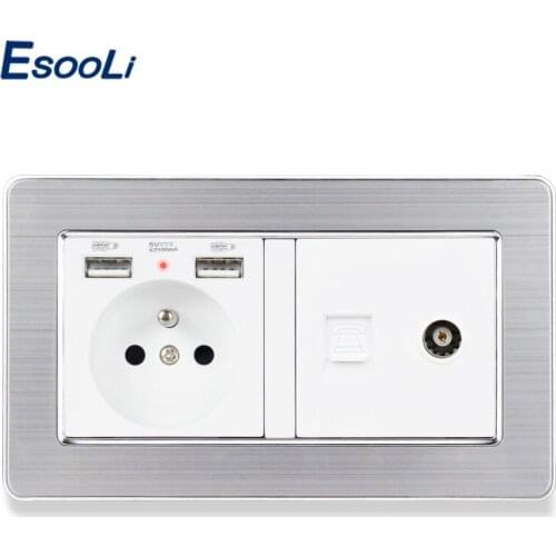 ESOOLI Stainless Steel Panel French Standard Socket with 2 USB Charge Port +1 Gang Female TV Connector RJ11 Telephone Connector