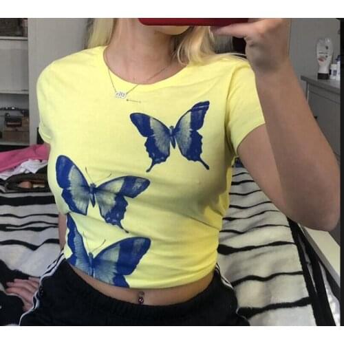 E-Meisje Vlinder Grafische Print T-shirt Korte Sleevle Slim Fit Crop Top Vrouwen Streetwear Zomer Tees Y2K Esthetische tshirt