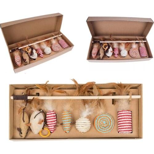 Cat Toys 7pcs Ball Pet Cat Toy Set Feather Teaser Wand Catnip Katten Sisal Speelgoed Yuko Cat Toy Box Set