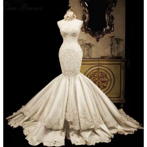 Quality Satin Mermaid Wedding Dress Fashion Luxury FishTail Slim Waist Court Train Plus Size Beading Wedding Gown W0020