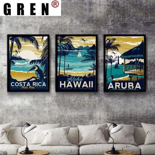 GREN Costa Rica Hawaii Sea Beach Landscape Canvas Cartoon Painting Wall Art Print Poster Picture Modern Living Room Decor