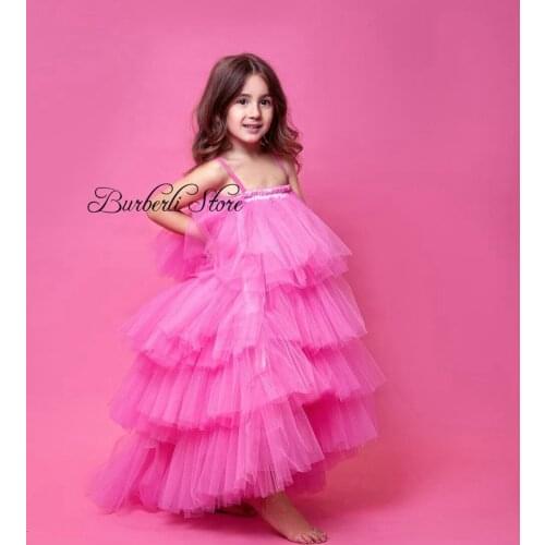 Pretty Pink Puffy Tutu Flower Pageant Dresses For Girls Tiered Ruffles Backless First Communion Dresses For Girls To Wedding