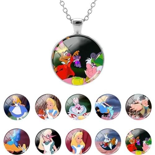 Disney Alice in Wonderland Fashion 25mm Glass Dome Pendant Necklace for Girls Dinner Party Wedding Cabochon Jewelry Gifts DSN543