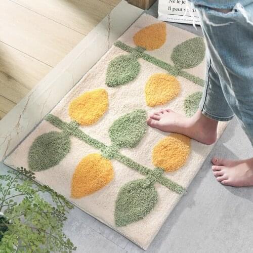 Lemon Leaves Pattern Soft Flocking Floor Mat Bedroom Living Room Carpet Household Kitchen Bathroom Water Absorbent Anti-slip Rug