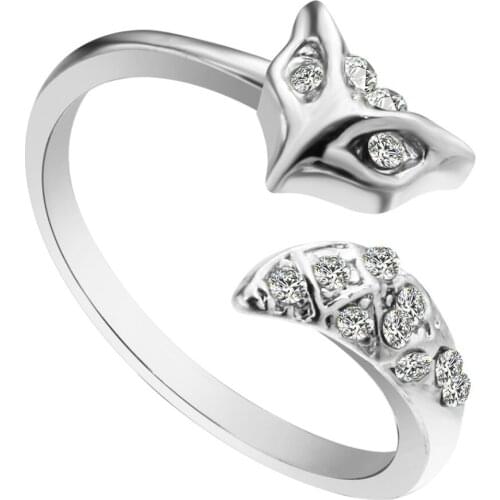QIAMNI Shining Cubic Zirconia Pave Set Fox Face Tail Animal Ring Open Band Cool Jewelry Wedding Party Gift for Girls Women
