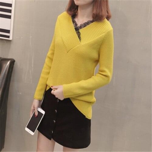 2020 Autumn and Winter New Fashion V-neck Sweater Women Loose Korean Style Lace Edge Loose Hedging Bottoming Sweater Top