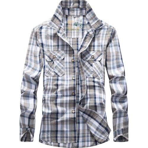 Plaid Shirt Men Army Military Long Sleeve Camisa Masculina Plus Size 4XL 100% Cotton Casual Mens Shirts Chemise homme