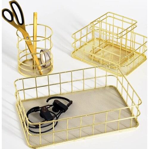 Nordic gold forged iron storage basket desktop office storage articles various make-up brushes hold pen table
