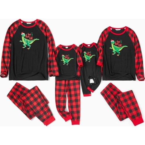 PatPat Mosaic Family Matching Dinosaur Top Plaid Christmas Pajamas Sets（Flame Resistant