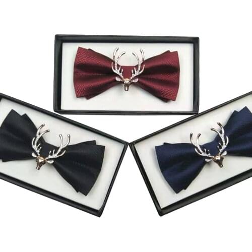 High Quality Mens Bow Tie Metal Golden Antlers Two Layer Bowtie Groom Dress Shirt Wedding Party Butterfly Tie With Gift Box