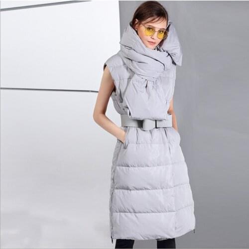Women newest long duck down Vest with down scarf belt fashion warm solid color coats lady European and American down coat