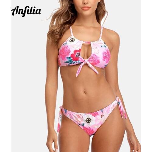 Anfilia Women Halter Bikini Set Floral Print Swimsuit Hollow Out Side Bandage Swimwear Sexy Push Up Beachwear
