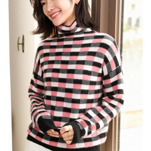 Adishree woman winter 100% Cashmere sweater and auntmun knitted Pullovers High Quality Warm Patchwork thickening Turtleneck