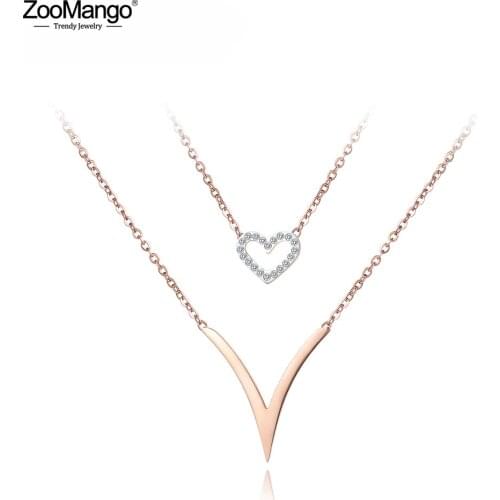 ZooMango Trendy Double Layer CZ Crystal Heart Double Chain Necklaces Jewelry Titanium Steel Rose Gold Necklace For Women ZN18060