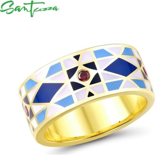 SANTUZZA Authentic 925 Sterling Silver Rings For Women Garnet Cubic Zirconia Blue Rhombus Enamel Fashion Fine Jewelry Handmade