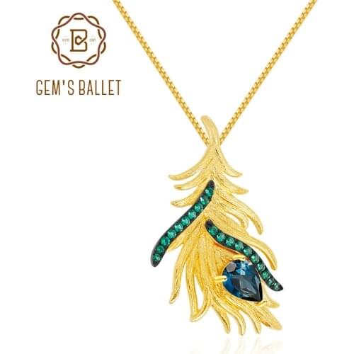GEMS BALLET 925 Sterling Silver Golden Feather Gypsy Statement Pendant Necklace For Women Natural London Blue Topaz Jewelry