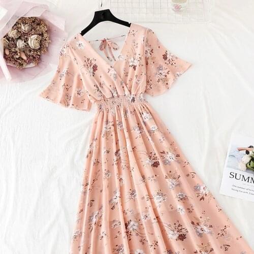 2020 Slim V Neck Summer Midi Long Dress Vestido Party Short sleeve Chiffon dress Women Casual Elegant print A-Line Vestidos