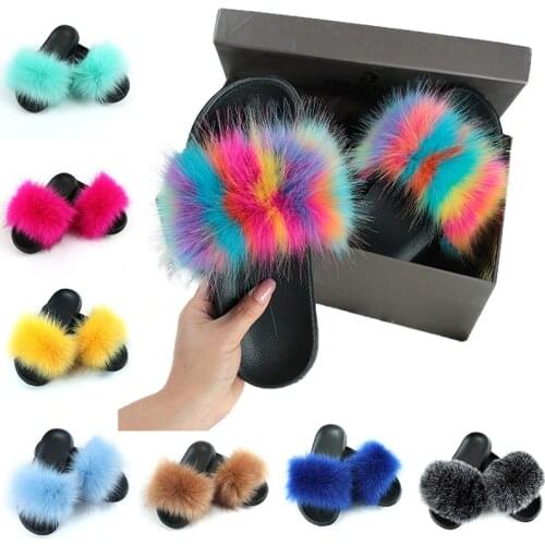 2020 Girl Furry Slippers Kids Home Slippers Cute Plush Fox Fur Fluffy Shoes Girls Flats Children Fur Indoor Non-slip Flip Flops