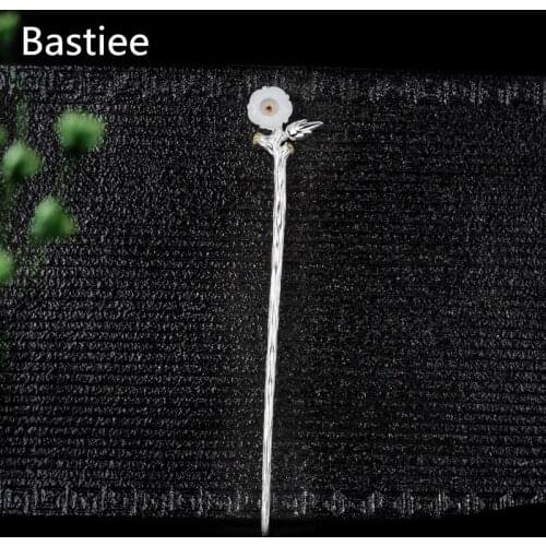 Bastiee Natural Stone 925 Sterling Silver Hair Sticks Women Magnoli Flower Ethnic Hair Step Shake Hmong Luxury Hair pin