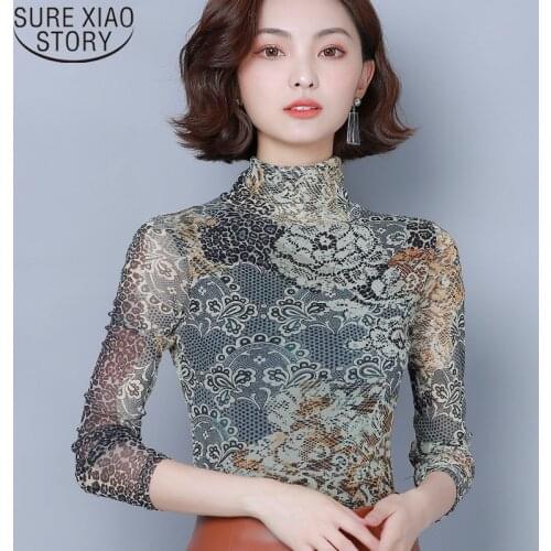 Blusas Mujer De Moda 2021 Long Sleeve Slim Women Blouses and Tops New Autumn Print Base Women Shirt Turtleneck Plus Size 6512 50