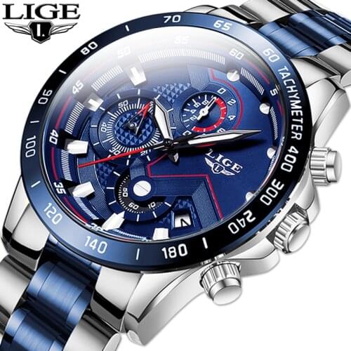 LIGE 2020 New Fashion Mens Watches with Stainless Steel Top Brand Luxury Sport Chronograph Quartz Watch Men Relogio Masculino