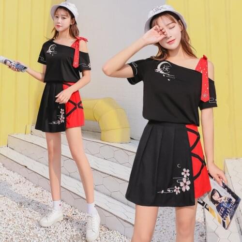 Two-Pieces Kawaii Embroidered Short Sleeve ONneck T-Shirt +Summer A Line Skirt Street Student Japanese Soft Cute Girl Suit