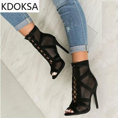 KDOKSA 2021 Fashion Basic Sandals Boots Women High Heels Pumps Sexy Hollow Out Mesh Lace-Up Cross-tied Boots Party Shoes Party