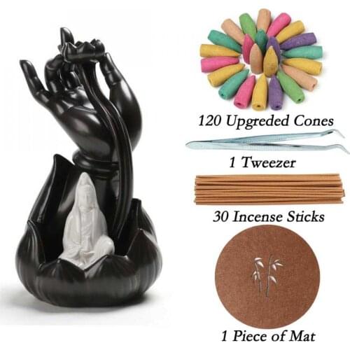 Smoke Waterfall Ceramic Incense Sticks Holder Guangyin Backflow Incense Burner +120 incense cones +30 Pcs incense sticks + pad