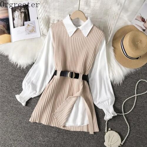2021 Spring Fall Womens Shirt Blouse 2 Piece Sets Casual Lantern sleeve Shirt + Knitted Vest Suits College style Tops Sets