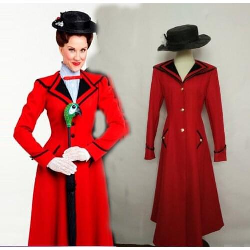 Mary Poppins Cosplay Costume red coat+hat