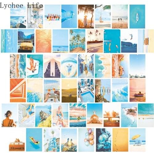 Lychee Life 50Pcs Beach Sea Scrapbooking Paper Painting Nordic Posters Landscape Wall Sticker Pictures For Living Room Decor