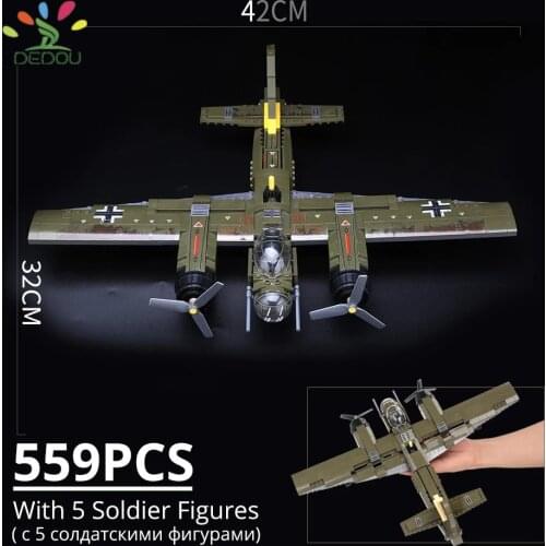 559pcs Military Ju-88 Bombing Plane Building Block WW2 Helicopter Army Weapon Soldier Model Bricks Kit Toy for Children