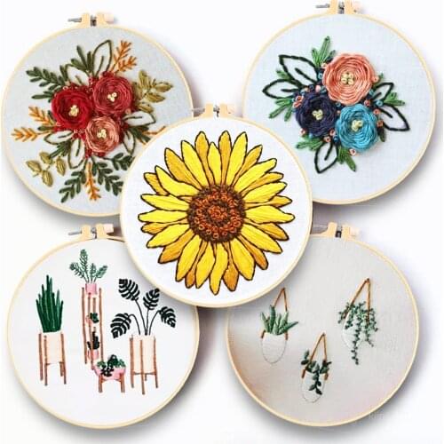 DIY Embroidery Kits for Beginner Roses Sunflowers Printed Fabric Sewing Craft Material Bag Needlework Tools Cross Stitch Kit