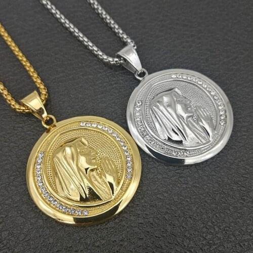 Gold Silver Color Stainless Steel Virgin Mary Round Pendant Necklace for Men Bling Ice Out Hip Hop Rock Jewerly