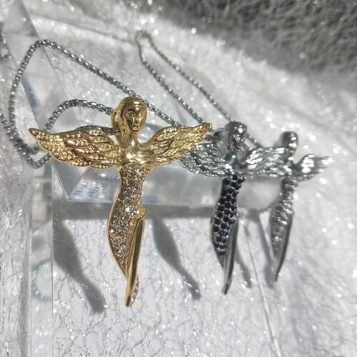 316L Stainless Steel Iced Out Wings Angel Pendant Necklace 2 Colors AAA Zircon Hip Hop Jewelry Fashion Mens Woman Necklace