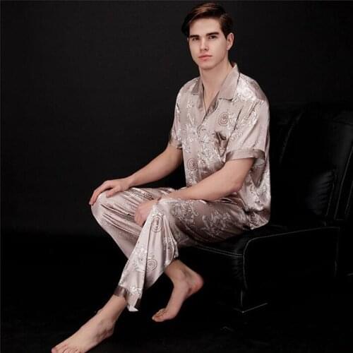 YT- 032 Stain Pajama Set Silk Sexy Modern Style Soft Cozy Men Short Sleeve T-Shirt Long Pants Sleepwear For Male