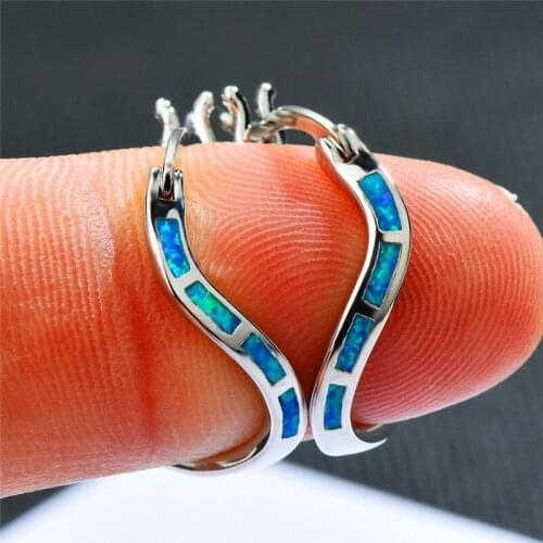 Simple Fashion Blue Fire Opal Hoop Earrings Classic Silver Color Wedding Earrings Trendy Bride Geometry Small Earrings For Women