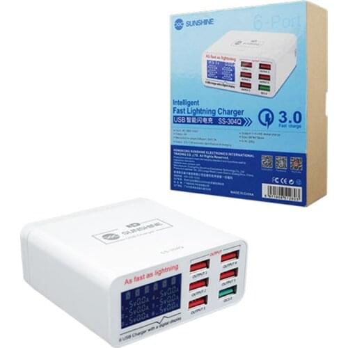 QC3.0 5V Charger 6 Port USB Mobile Phone Quick Charging Voltage Current Display