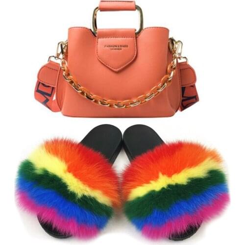 Summer Ladies Fox Fur Slipper Leather Shoulder Bag Shoes Sets Womens Furry Slides Girls Crossbody Purses Plush Sandals Handbag