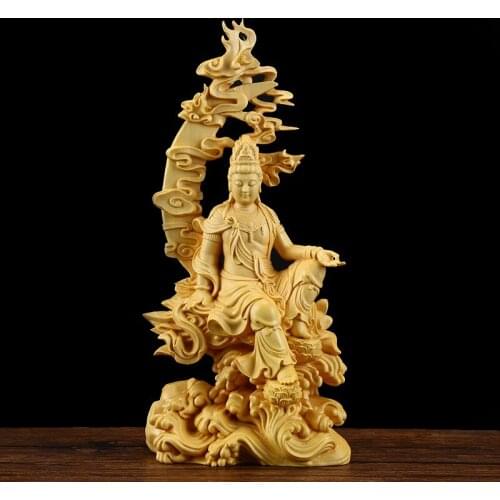 Poplar Carving Water Moon Guanyin Round Carving Semi-manual Solid Wooden Craftswooden crafts elders HeShou gift big leaf boxwood