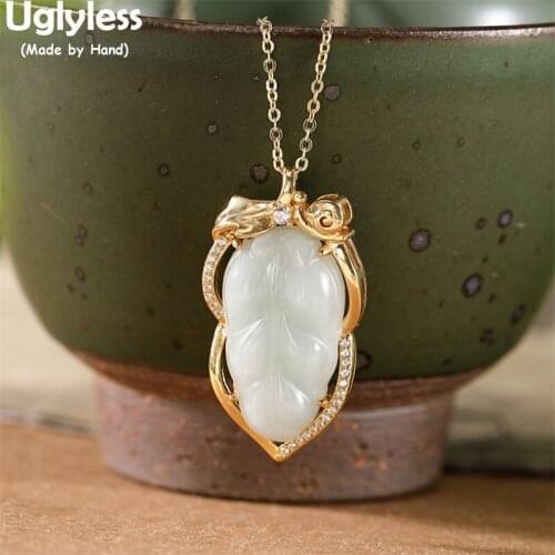 Uglyless Luxury Big Size Natural Emerald Leaf Pendants for Women Ethnic Gold Leaves Necklaces NO Chain 925 Silver Gemstone Jewel